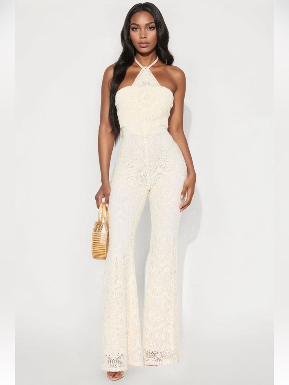 Fashion Nova Crochet Halter Jumpsuit in Cream